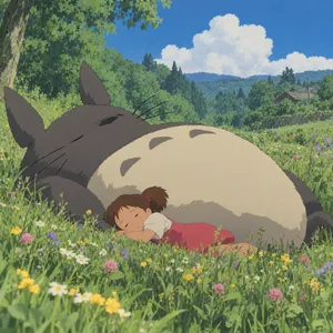 A girl and a giant fluffy creature napping in a wildflower meadow. Reproduce the art style of 'My Neighbor Totoro' by Studio Ghibli, with Miyazaki's soft character designs. - OpenAI GPT Image 2.5 Flare
