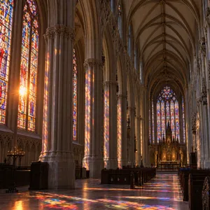 A Gothic cathedral interior at sunset with light streaming through detailed stained glass windows, creating colored patterns on stone floors and columns. Show accurate ribbed vaulting. - OpenAI GPT Image 2.5 Flare