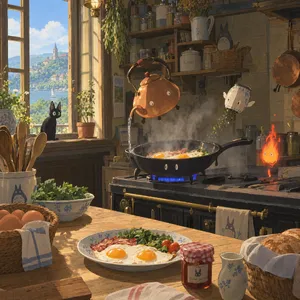 A kitchen with magical cooking implements preparing breakfast. Duplicate the artistic style of Studio Ghibli's domestic scenes, with Miyazaki's detailed settings and warm lighting. - OpenAI GPT Image 2.5 Flare