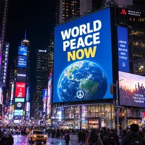 A large storefront billboard at Times Square displaying the slogan “WORLD PEACE NOW” in bold, clear letters, amidst a vibrant cityscape at night. - OpenAI GPT Image 2.5 Flare