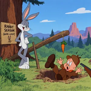 A Looney Tunes-inspired cartoon scene of a clever rabbit tricking a hunter. - OpenAI GPT Image 2.5 Flare