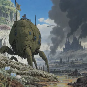 A mechanical creature in a polluted landscape. Capture the visual aesthetic of 'Nausicaä' by Studio Ghibli, with Miyazaki's mechanical designs and environmental contrast. - OpenAI GPT Image 2.5 Flare