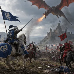 A medieval battlefield with knights on horseback and a dragon flying overhead. - OpenAI GPT Image 2.5 Flare