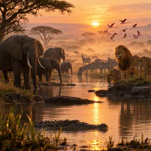 A misty dawn at an African savanna watering hole where elephants, lions, and zebras coexist in tense harmony, with a crocodile partially submerged in the foreground and flamingos taking flight in the background, golden hour lighting. - OpenAI GPT Image 2.5 Flare
