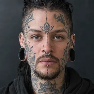 A portrait of a person with elaborate facial tattoos and piercings, shown in sharp detail. - OpenAI GPT Image 2.5 Flare