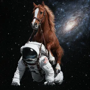 A realistic astronaut being ridden by a horse, photorealistic depiction in outer space with accurate lighting and proportions - OpenAI GPT Image 2.5 Flare