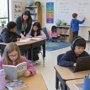 A school classroom of children and a teacher, each student engaged in a different activity. - OpenAI GPT Image 2.5 Flare