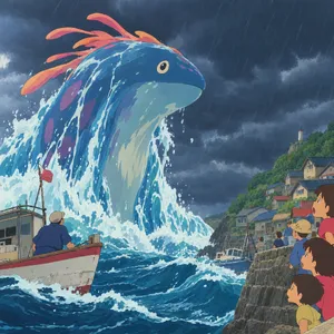 A sea creature rising from a stormy ocean near a village. Replicate the visual style of 'Ponyo' by Studio Ghibli, with Miyazaki's fluid water animations and vibrant creatures. - OpenAI GPT Image 2.5 Flare