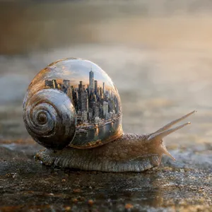 A snail whose shell contains a miniature city skyline, depicted in a hyperrealistic macro photography style with intricate architectural details and ambient lighting. - OpenAI GPT Image 2.5 Flare