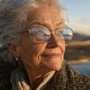 A ultra high-resolution portrait of an elderly woman with silver hair and bifocal glasses, each lens reflecting a distant landscape, captured in warm late-afternoon sunlight - OpenAI GPT Image 2.5 Flare