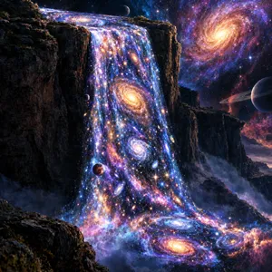 A waterfall that pours out stars and galaxies instead of water, illustrated in a cosmic fantasy style with vibrant space colors and dramatic lighting effects. - OpenAI GPT Image 2.5 Flare