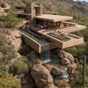 Aerial view of a modernist desert home, in the style of Frank Lloyd Wright's Fallingwater but adapted to desert conditions. Show integration with rocky landscape and water features. - OpenAI GPT Image 2.5 Flare
