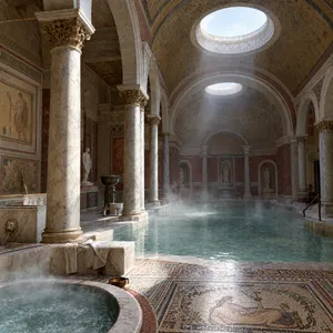 An ancient Roman bathhouse interior with accurate architectural details - marble columns, mosaic floors, arched ceilings, and steam rising from pools. Natural light from oculus openings. - OpenAI GPT Image 2.5 Flare