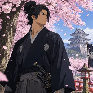 An anime-style portrait of a samurai standing under pink cherry blossoms. - OpenAI GPT Image 2.5 Flare