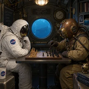 An astronaut and a deep-sea diver playing chess together inside a submarine. - OpenAI GPT Image 2.5 Flare