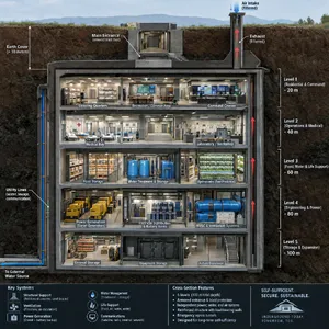 Cross-section rendering of a multi-level underground bunker with different functional areas, structural support systems, ventilation, and power generation facilities visible. - OpenAI GPT Image 2.5 Flare