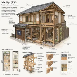 Cutaway architectural drawing of a traditional Japanese machiya townhouse showing all rooms and structural elements. Include accurate proportions, traditional joinery, and typical spatial organization. - OpenAI GPT Image 2.5 Flare