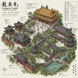 Isometric architectural illustration of an ancient Chinese temple complex showing multiple pavilions, gardens, and ceremonial spaces. Include proper roof structures and traditional ornamentation. - OpenAI GPT Image 2.5 Flare