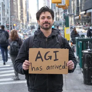 Photorealistic daytime street photograph, clearly showing a man standing still on a busy urban street corner holding a rectangular cardboard sign clearly facing camera, handwritten bold black marker text clearly readable as 