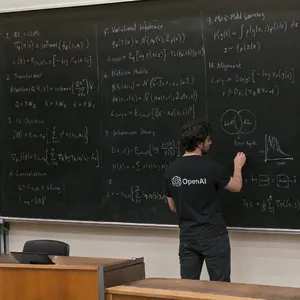 Photorealistic depiction of a man wearing a clearly visible black OpenAI-branded T-shirt. He is standing at the front of a university lecture hall, writing complex mathematics and AI-related equations across a large, dusty chalkboard filled with notation - OpenAI GPT Image 2.5 Flare