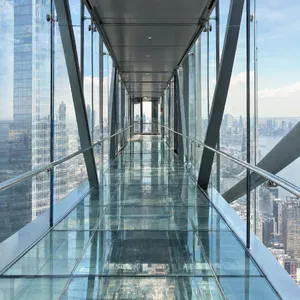 Photorealistic rendering of a contemporary glass skybridge between two skyscrapers, seen from inside with city views visible through glass walls and floor. Show accurate reflections and structural details. - OpenAI GPT Image 2.5 Flare