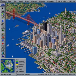 Pixel art cityscape of San Francisco in the iconic SimCity 2000 style, isometric view, detailed skyscrapers, residential areas, clearly identifiable Golden Gate Bridge, Coit Tower, Transamerica Pyramid, surrounded by the classic SimCity 2000 UI elements - OpenAI GPT Image 2.5 Flare