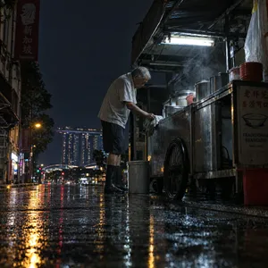 Rain-slicked Singapore street, 3 AM. A lone elderly hawker cleans his cart under one flickering fluorescent light. Steam rises gently. Low-angle shot, photorealistic - OpenAI GPT Image 2.5 Flare