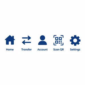 Set of 5 consistent flat design icons for a mobile banking app: 'Home', 'Transfer', 'Account', 'Scan QR', 'Settings'. Monochrome dark blue. - OpenAI GPT Image 2.5 Flare
