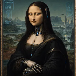 The Mona Lisa reimagined as a futuristic android, rendered in a digital art style that preserves Da Vinci's composition while incorporating sleek cyberpunk aesthetics and technological elements. - OpenAI GPT Image 2.5 Flare