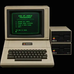 Vintage Apple II computer with green monochrome CRT screen, displaying 'END OF WORLD PROCEDURES' in green text. Two external floppy drives stacked on the right, labeled disk II with rainbow Apple logos. Beige casing, black background, retro aesthetic. - OpenAI GPT Image 2.5 Flare