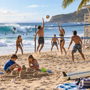 A beach scene: adults playing volleyball, kids building sandcastles, and surfers riding waves. - OpenAI GPT Image 2.5 Sunburst