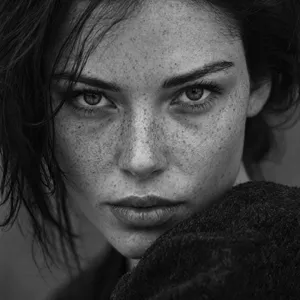 A black and white close-up portrait of a freckled woman with an intense gaze. - OpenAI GPT Image 2.5 Sunburst