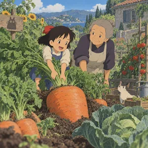 A child and elder tending oversized vegetables in a garden. Reproduce the artistic style of Studio Ghibli, with their distinctive character proportions and detailed plant illustrations. - OpenAI GPT Image 2.5 Sunburst