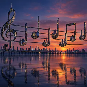 A city skyline that forms the shape of musical notes on a staff, created in a stylized graphic design aesthetic with clean architectural lines and dramatic twilight colors. - OpenAI GPT Image 2.5 Sunburst