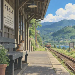 A countryside train station with a cat waiting on a bench. Rendered in Studio Ghibli animation style with Miyazaki's watercolor backgrounds and hand-drawn quality. - OpenAI GPT Image 2.5 Sunburst