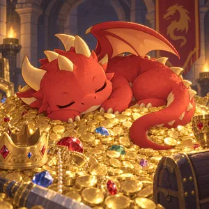 A cute chibi-style dragon sleeping on a pile of gold. - OpenAI GPT Image 2.5 Sunburst