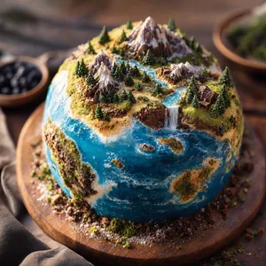 A dessert cake that looks like a tiny planet, complete with miniature trees and mountains, photographed in a professional food photography style with tilt-shift focus effect. - OpenAI GPT Image 2.5 Sunburst