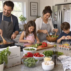 A family cooking together in a kitchen, each person busy with a different task. - OpenAI GPT Image 2.5 Sunburst