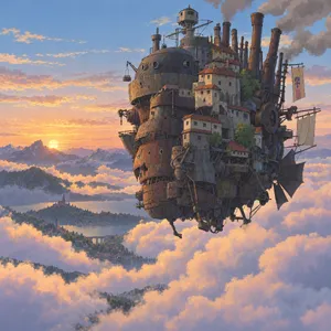A flying castle floating in clouds at sunrise. Match the visual aesthetic of 'Howl's Moving Castle' by Studio Ghibli, with Miyazaki's blend of steampunk elements and fantasy. - OpenAI GPT Image 2.5 Sunburst