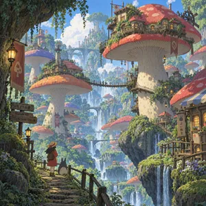A forest of giant mushrooms with houses built on top of them, rendered in a whimsical Studio Ghibli-inspired art style with vibrant colors and fantastical details. - OpenAI GPT Image 2.5 Sunburst