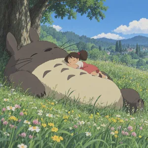 A girl and a giant fluffy creature napping in a wildflower meadow. Reproduce the art style of 'My Neighbor Totoro' by Studio Ghibli, with Miyazaki's soft character designs. - OpenAI GPT Image 2.5 Sunburst