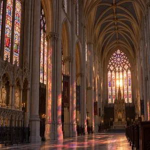 A Gothic cathedral interior at sunset with light streaming through detailed stained glass windows, creating colored patterns on stone floors and columns. Show accurate ribbed vaulting. - OpenAI GPT Image 2.5 Sunburst