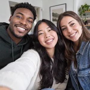 A group selfie of three friends of different ethnic backgrounds smiling at the camera. - OpenAI GPT Image 2.5 Sunburst