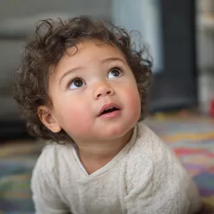 A hyper-realistic photo of a toddler with curly hair and big eyes, looking upward. - OpenAI GPT Image 2.5 Sunburst