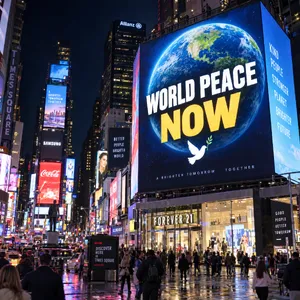A large storefront billboard at Times Square displaying the slogan “WORLD PEACE NOW” in bold, clear letters, amidst a vibrant cityscape at night. - OpenAI GPT Image 2.5 Sunburst
