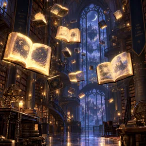 A library where the books are glowing and floating in mid-air, illustrated in a magical realism style with dramatic lighting and rich atmospheric colors. - OpenAI GPT Image 2.5 Sunburst