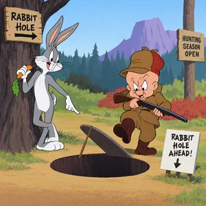 A Looney Tunes-inspired cartoon scene of a clever rabbit tricking a hunter. - OpenAI GPT Image 2.5 Sunburst