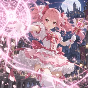 A magical girl character in a frilly dress, casting a spell (classic anime trope). - OpenAI GPT Image 2.5 Sunburst
