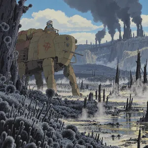 A mechanical creature in a polluted landscape. Capture the visual aesthetic of 'Nausicaä' by Studio Ghibli, with Miyazaki's mechanical designs and environmental contrast. - OpenAI GPT Image 2.5 Sunburst