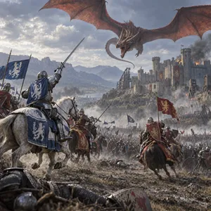 A medieval battlefield with knights on horseback and a dragon flying overhead. - OpenAI GPT Image 2.5 Sunburst
